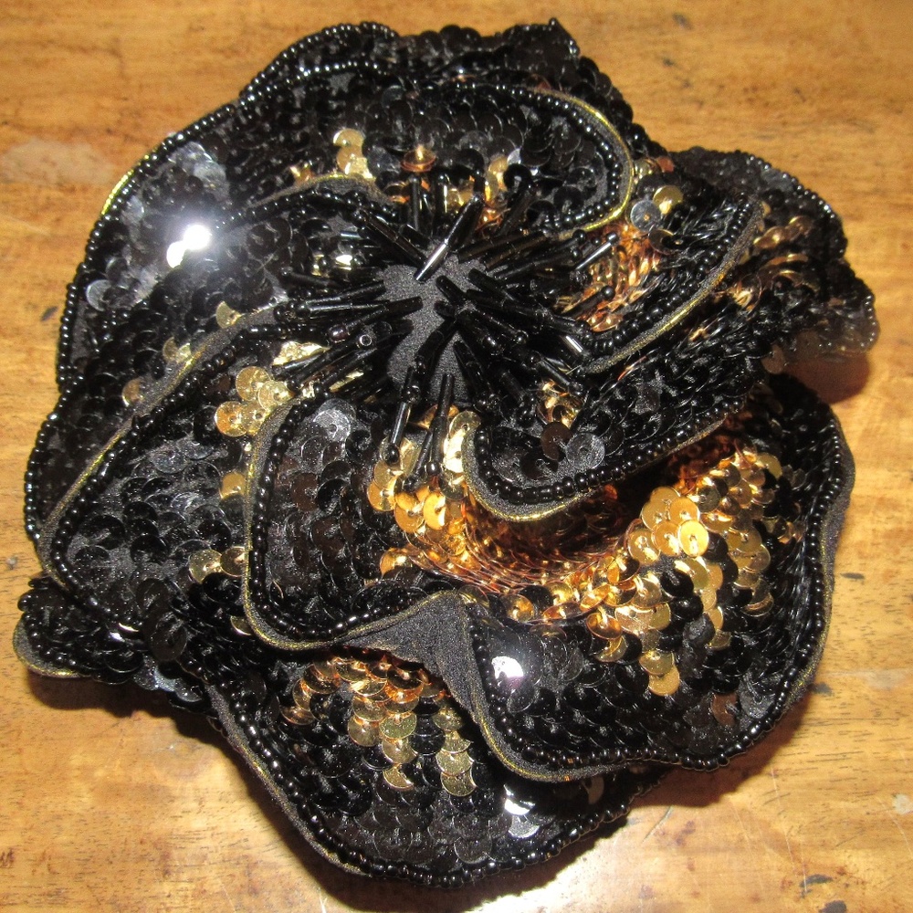 NWT CO $315 large statement brooch / pin black gold sequins beads